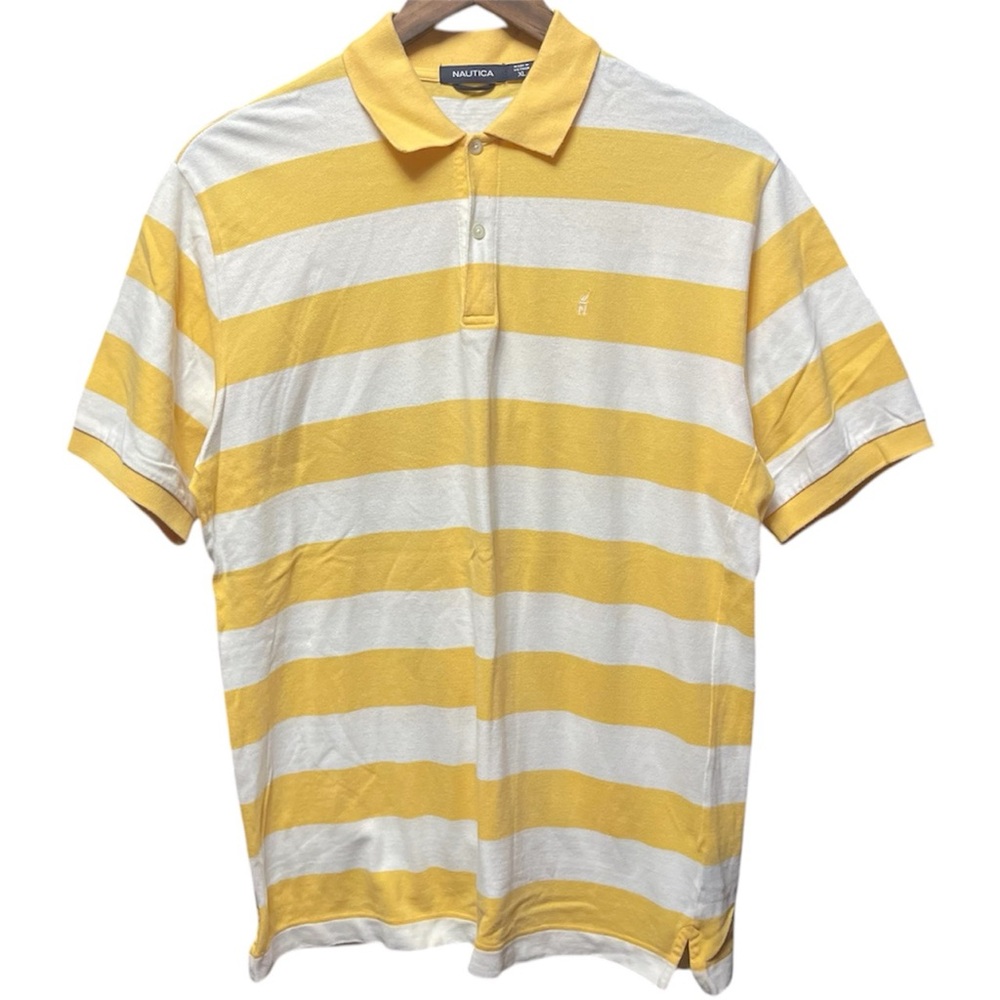 Nautica small logo yellow white horizontal striped casual short sleeve shirt